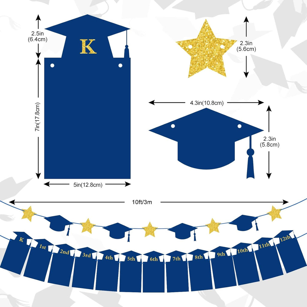 Whaline Graduation Photo Banner - Congrats Grad Bunting with Blue Gold Glitter | 5 x 7 Inch, No DIY Required