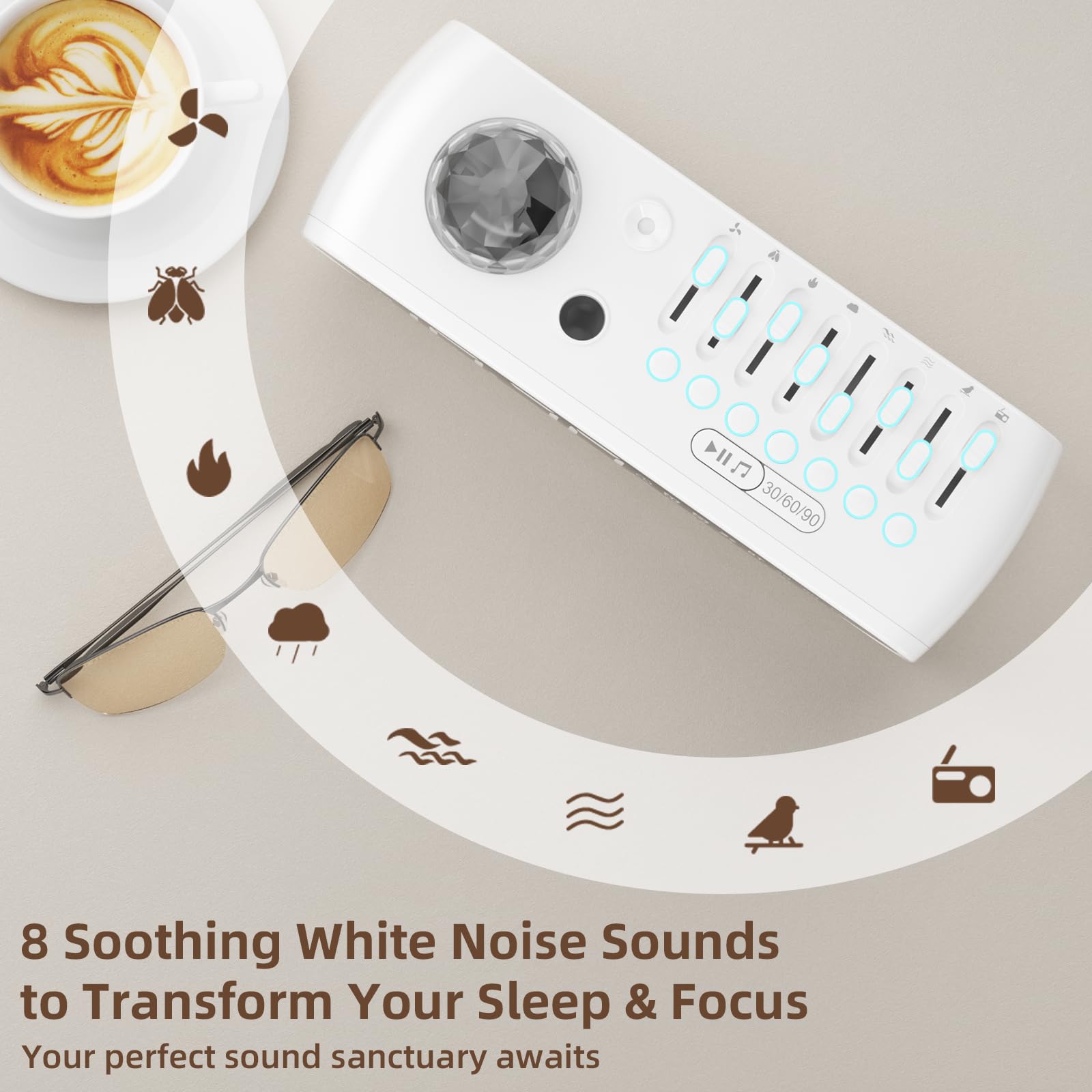 VOILEIPAGI White Noise Sound Machine with Clock for Baby Kids Adults, with 8 Soothing Sounds for Office & Sleeping, 30/60/90 Mins Timer, Bluetooth Speaker, Star Projector Galaxy Light for Home, Travel