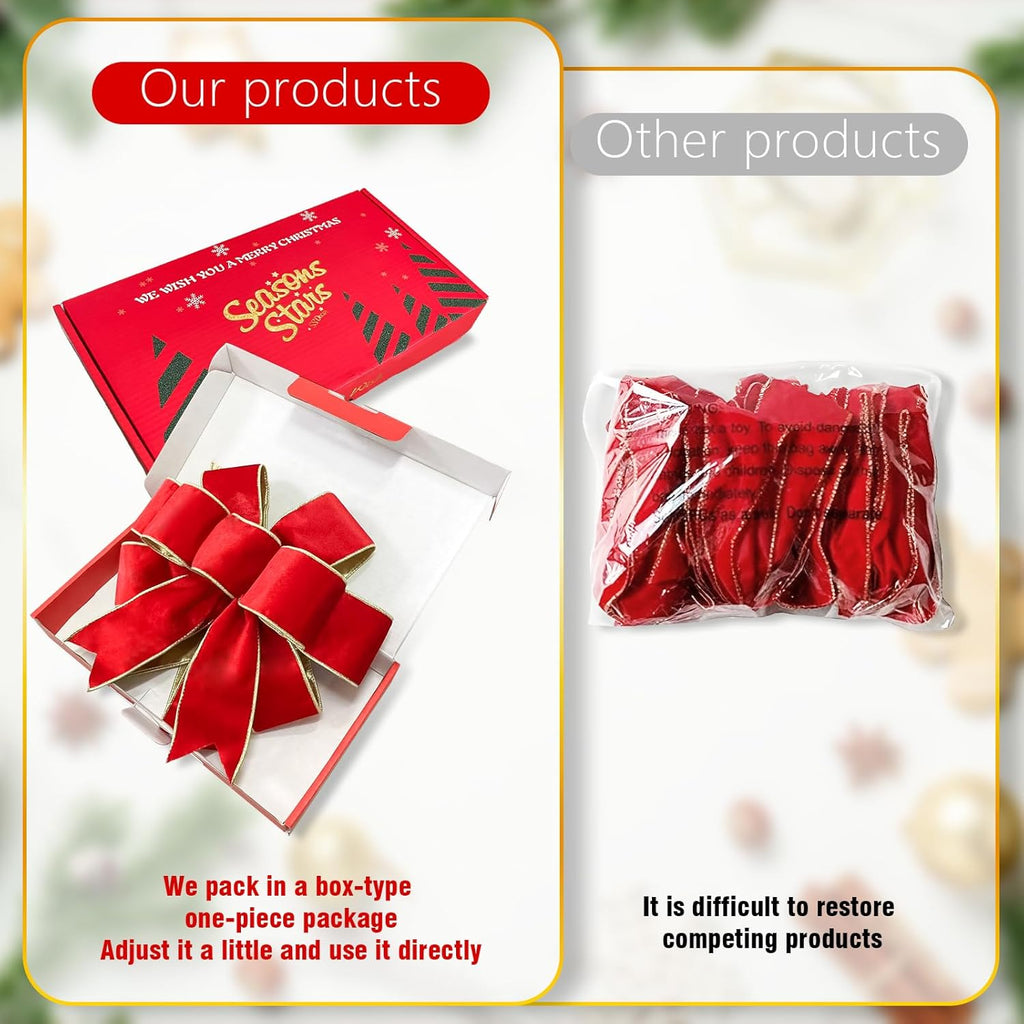 Red Velvet Christmas Bows - Gold Wired Decorative Bows for Wreaths, Trees & Outdoor Use | Gift Box Included