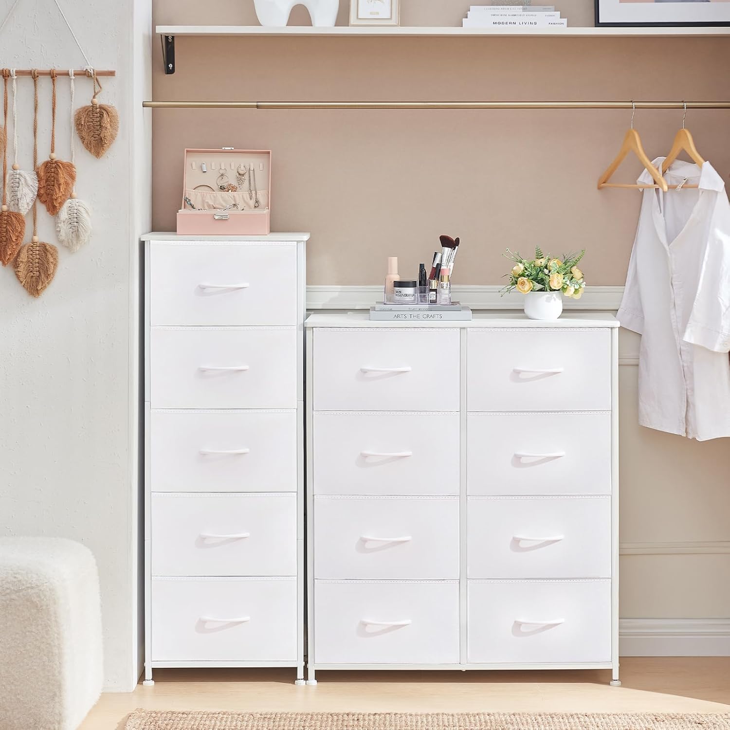 Somdot Tall Dresser - 5 Drawer Storage Organizer with Removable Fabric Bins | White Leather Finish