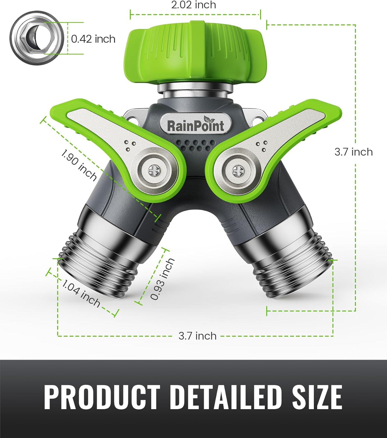 RAINPOINT 2-Way Garden Hose Splitter - Heavy Duty Metal Body with Shutoff Valves | 1.9" Long Handle, Green