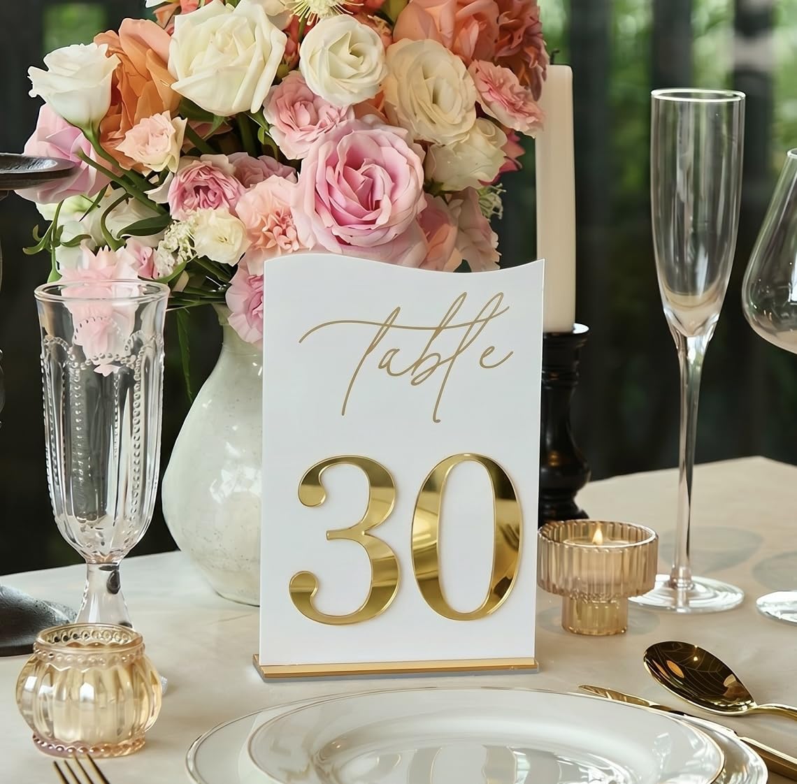 Gold Mirrored Acrylic Wedding Table Numbers 1-30 Set, Self-Standing Modern Arched Signs for Reception Seating, Anniversary & Bridal Shower, Elegant Wedding Decor (5x7 Inches)