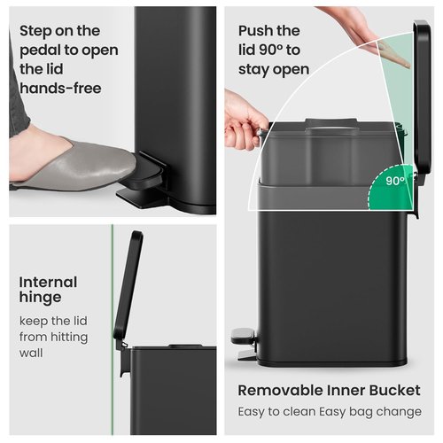 Cesun Bathroom Trash Can - 2.6 Gallon Black Waste Basket with Soft Close Lid & Step Pedal