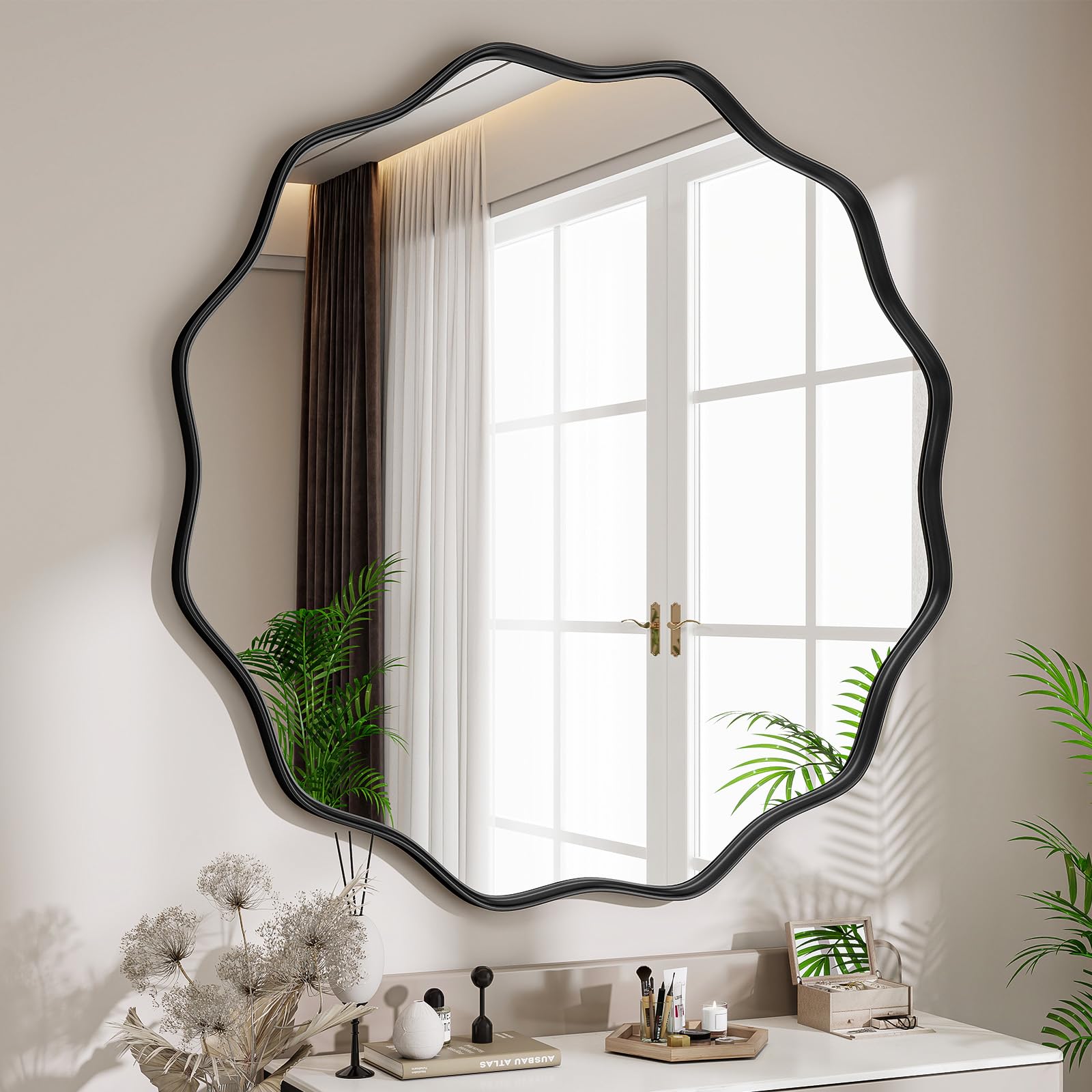 VETROVUE Round Wavy Mirror, 30 Inch Metal Frame Circle Mirror, Round Wall Mounted for Entryway, Bathroom, Vanity, Living Room, Black