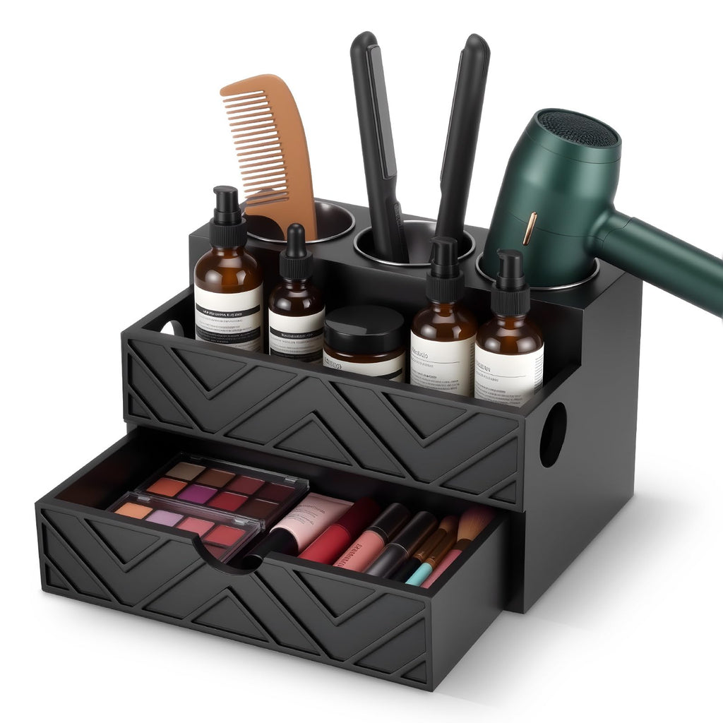 AceOrbit Hair Tool Organizer with Drawer, Hair and Makeup Bathroom Vanity Organizers and Storage Fits Blow Dryer, Curling Iron, Makeup Brushes, Skincare, Hot Tools Organizer for Tidy Counter(Black)