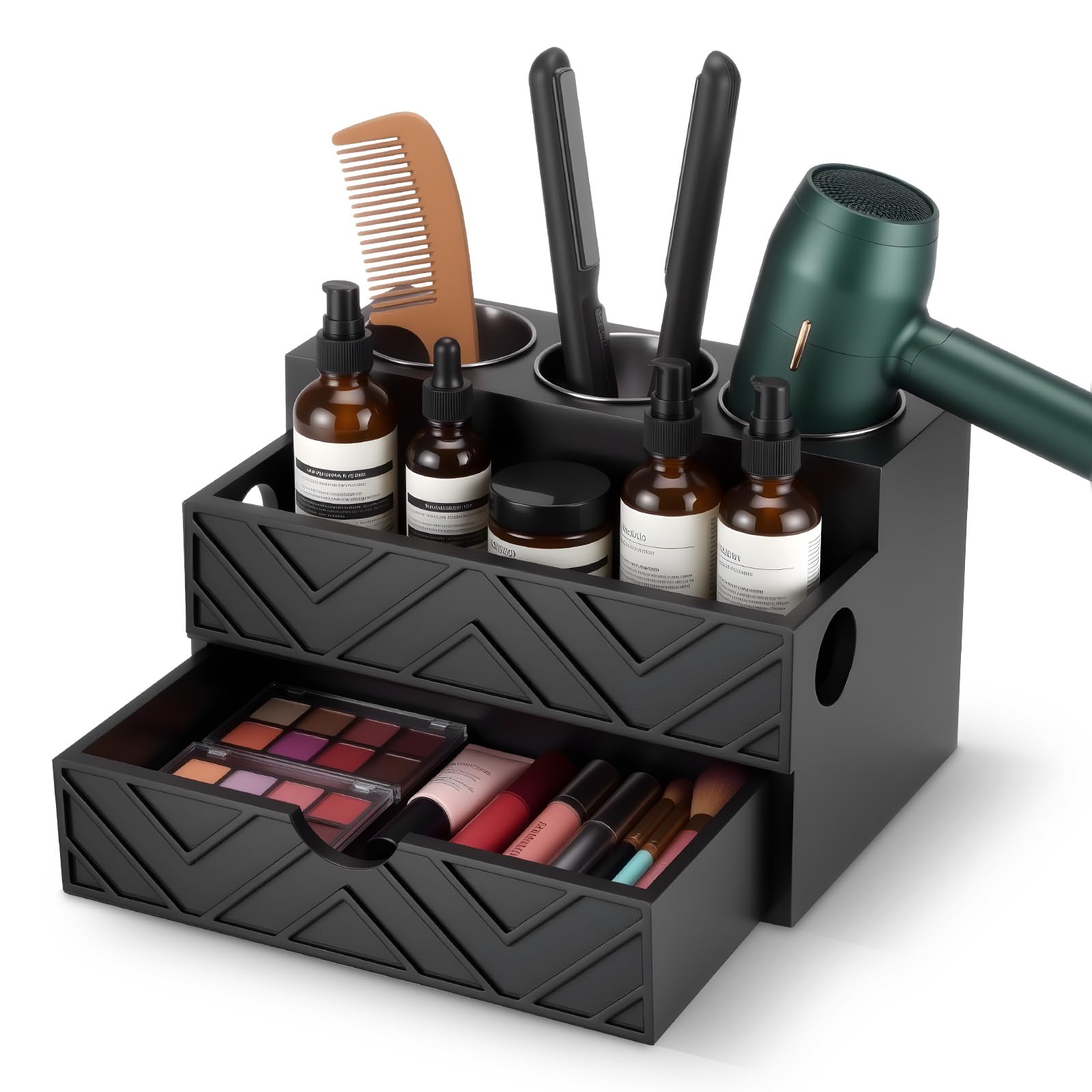 AceOrbit Hair Tool Organizer with Drawer, Hair and Makeup Bathroom Vanity Organizers and Storage Fits Blow Dryer, Curling Iron, Makeup Brushes, Skincare, Hot Tools Organizer for Tidy Counter(Black)