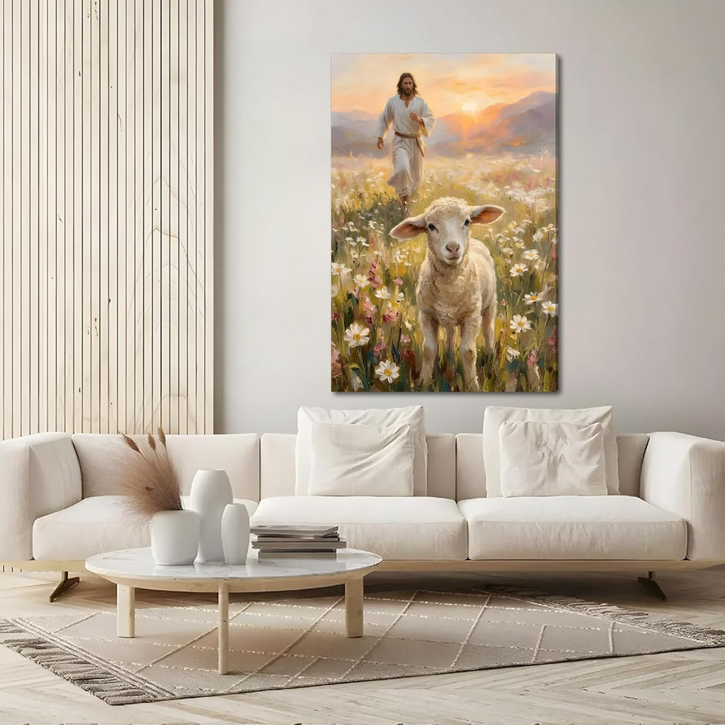 SIXWOOD Canvas Wall Art - Good Shepherd Jesus with Lost Sheep | Framed 12x16 in Christian Decor
