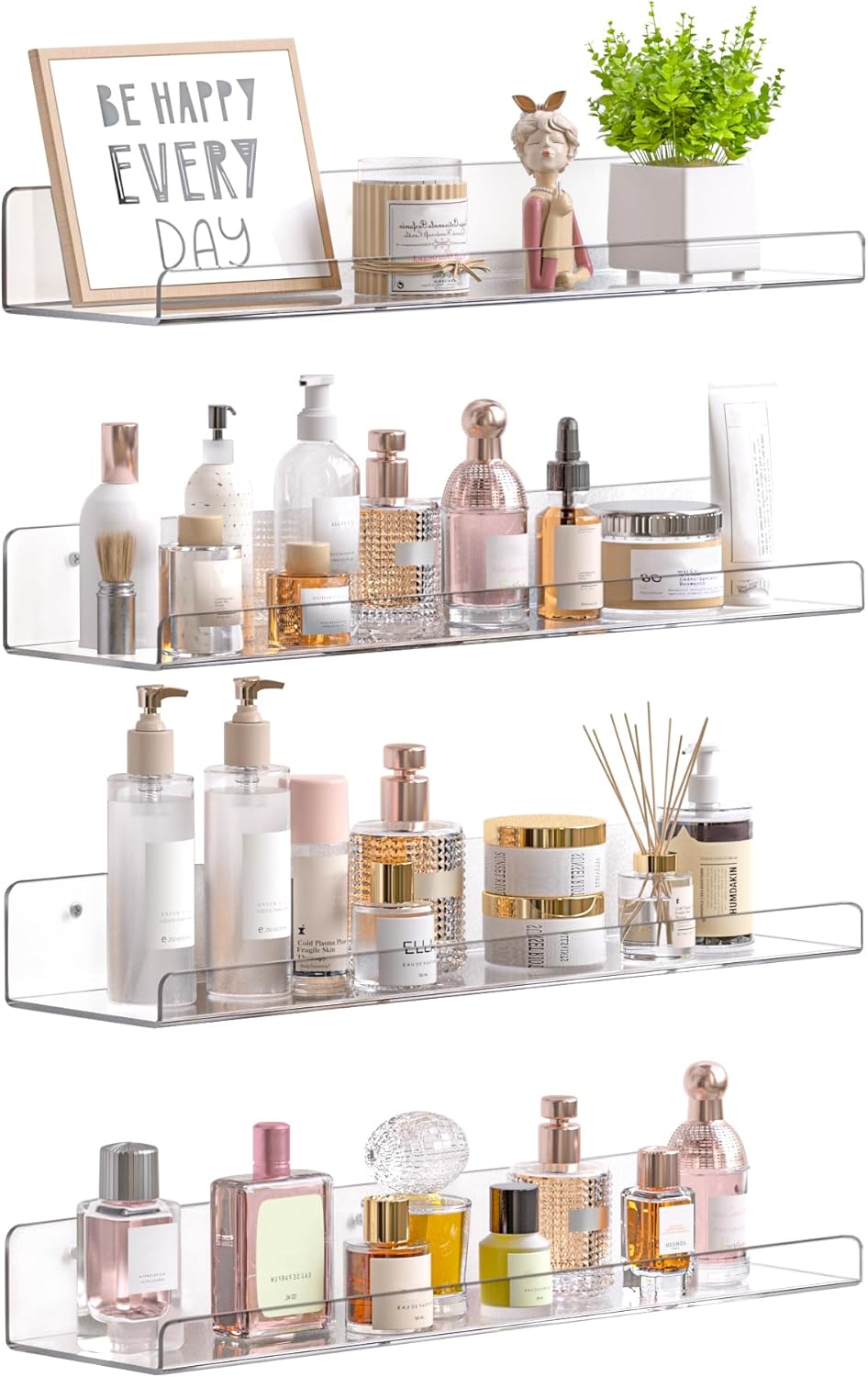 Upsimples Acrylic Floating Shelves - 15" Wall Organizer for Bathroom, Bedroom & Nursery | Clear 4-Pack