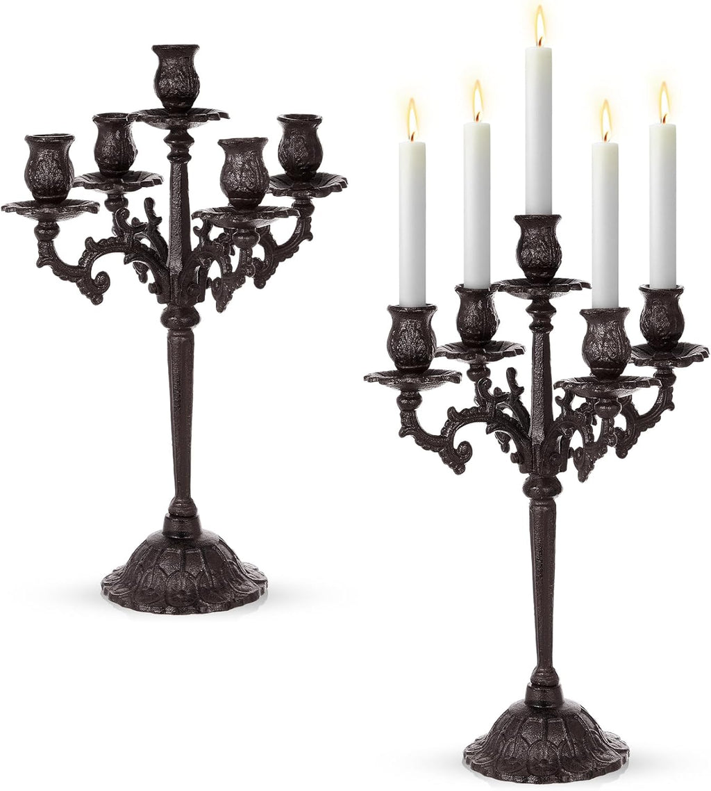 Mumufy Black 5-Arm Candelabra - Vintage Gothic Cast Iron Candle Holders | 16.7" Tall Centerpieces for Events