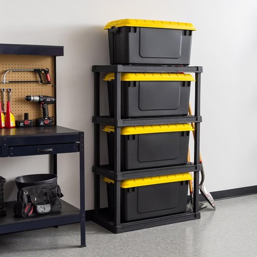 IRIS USA WeatherPro 21 Gallon Lockable Storage Bins - Heavy Duty, Stackable Organizing Tubs | Black/Yellow, 4 Pack