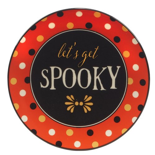 Spooky Halloween Canape Plates – Set of 4 Ceramic 6" Plates with Festive Sayings: BOO, Let’s Get Spooky, Beware & Come In for a Spell – Mini Plates for Halloween Snacks, Treats & Décor