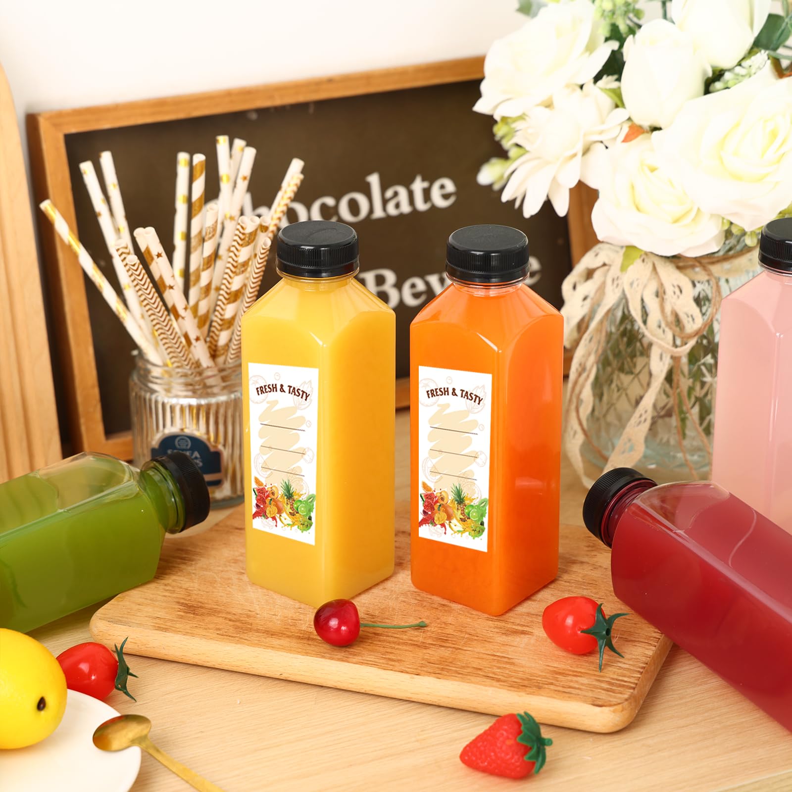 BAKHUK 10pcs 16oz Empty Plastic Juice Bottles with Caps, Plastic Water Bottles with Lids, Reusable Clear Bulk Beverage Juice Containers for Milk and Other Beverages