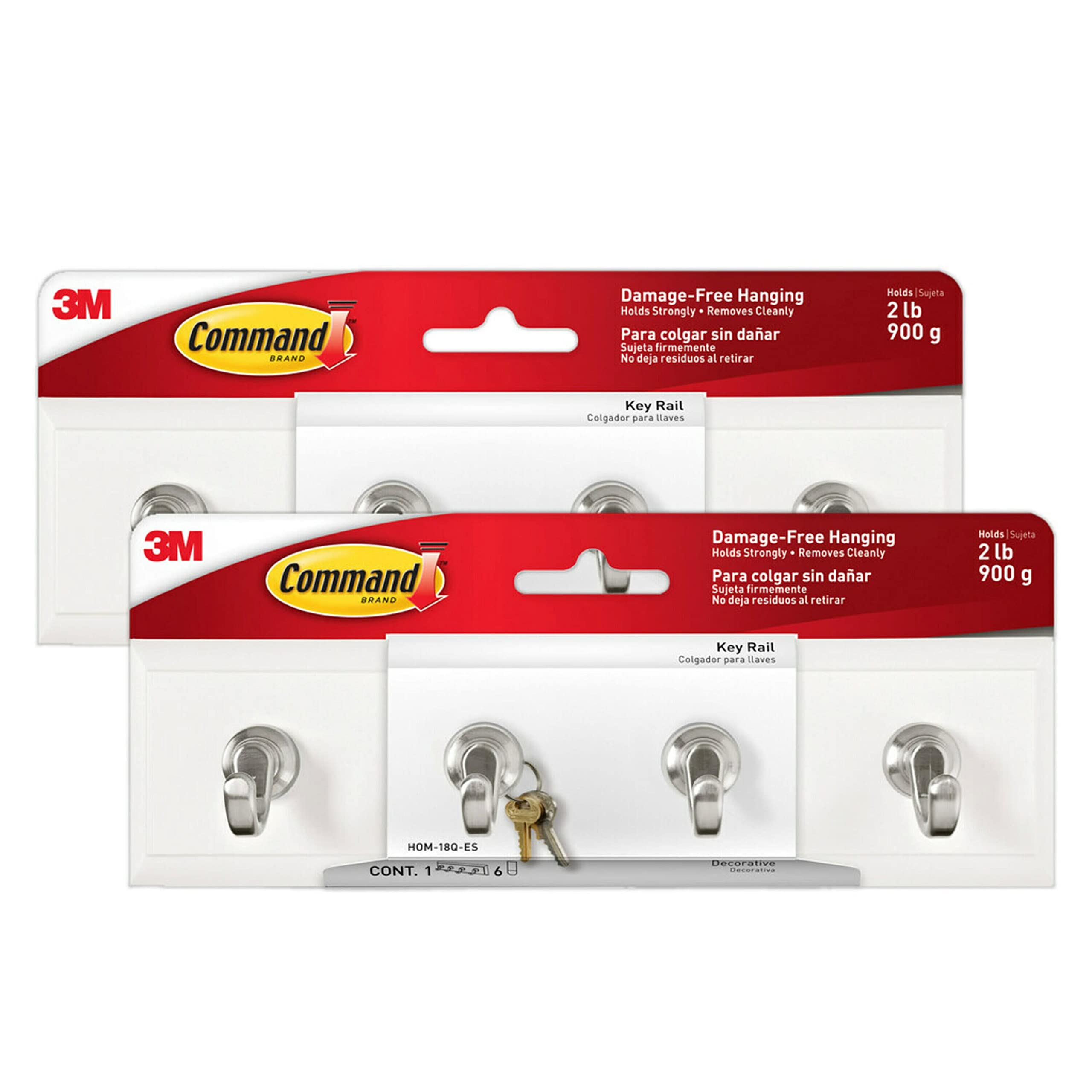 Command Key Rails, Total 2 Key Racks with 12 Command Strips, 2 Pack of 1 Rail, 4 Key Hooks on One Rail, Organize Damage-Free
