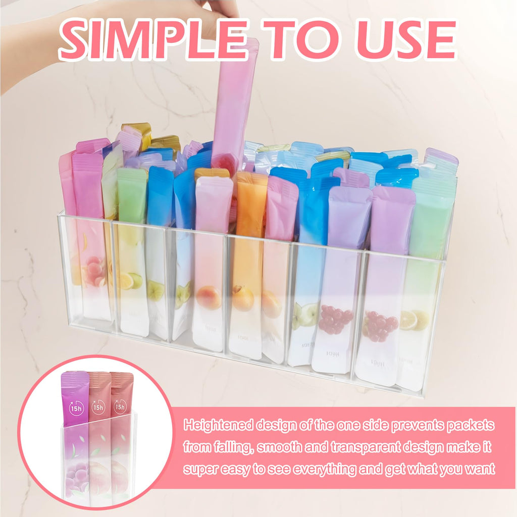 Drink Packet Organizer with Removable Divider & 6 Compartment, Mounted Water Packet Organizer with Soft Magnetic and Adhesive Sticker, Water Flavor Packet Storage for Kitchen Pantry Cabinet Fridge