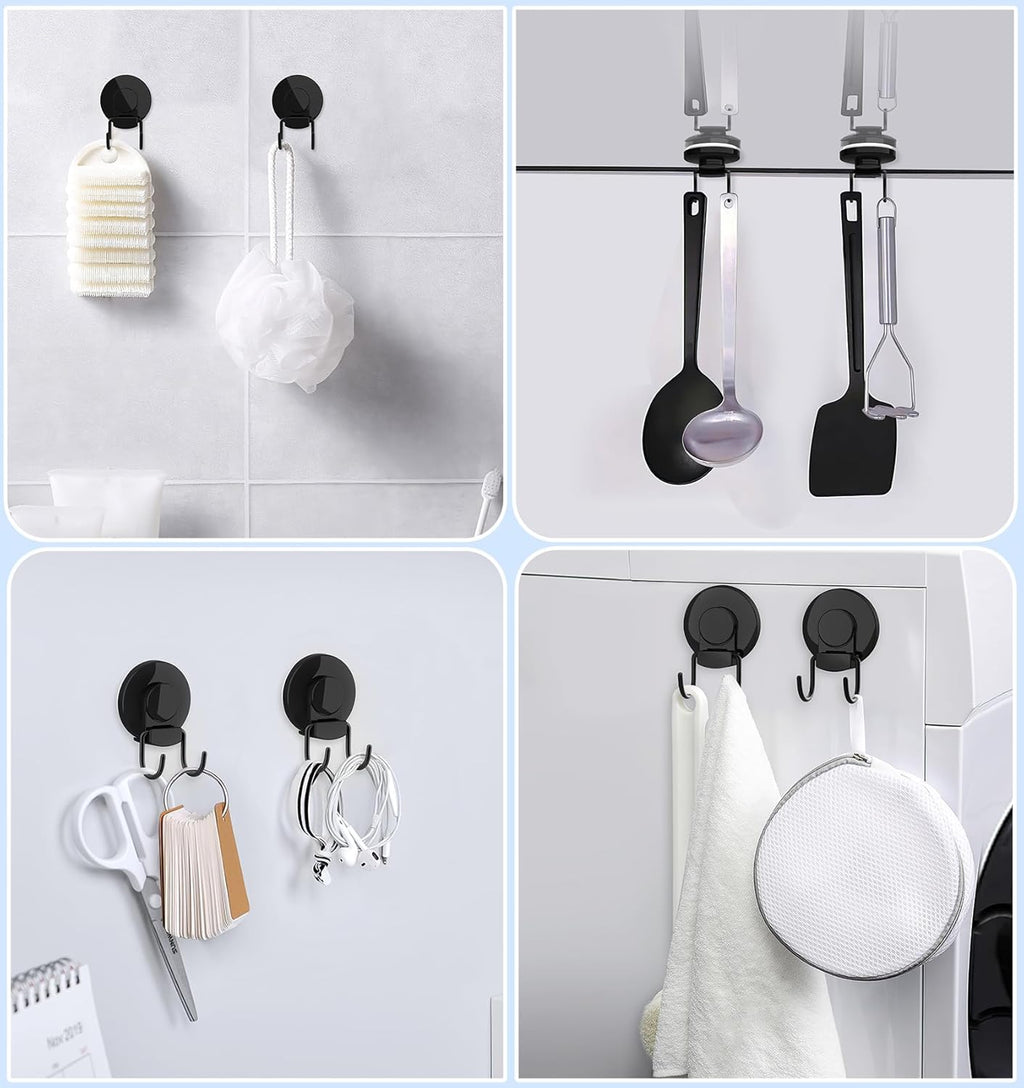 VIS'V Heavy Duty Shower Suction Cup Hooks - Removable & Reusable Double Hooks, Black (2 Pcs)