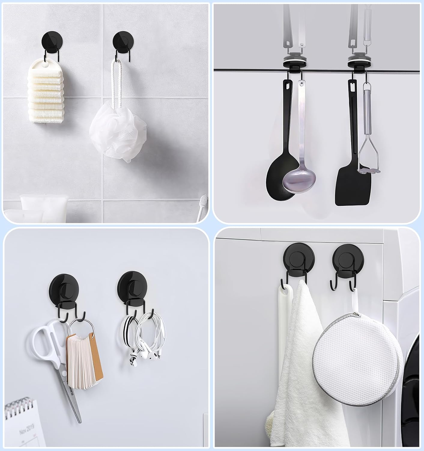 VIS'V Heavy Duty Shower Suction Cup Hooks - Removable & Reusable Double Hooks, Black (2 Pcs)