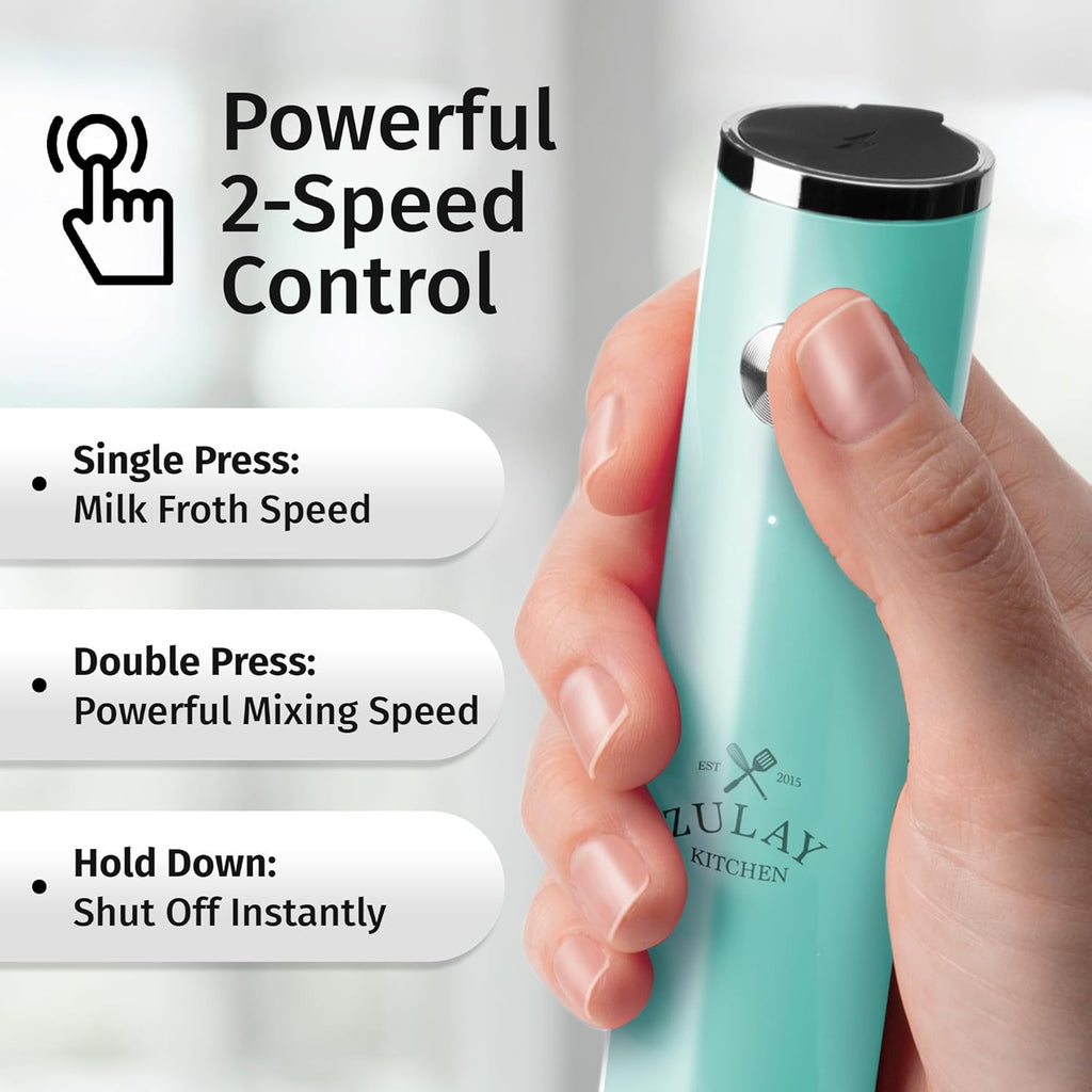 Zulay Kitchen Rechargeable Milk Frother - Powerful 2-Speed Motor, Waterproof Design | 2000mAh Battery - Sky Blue Drink Mixer for Lattes, Cappuccinos, Matcha & Protein Powder