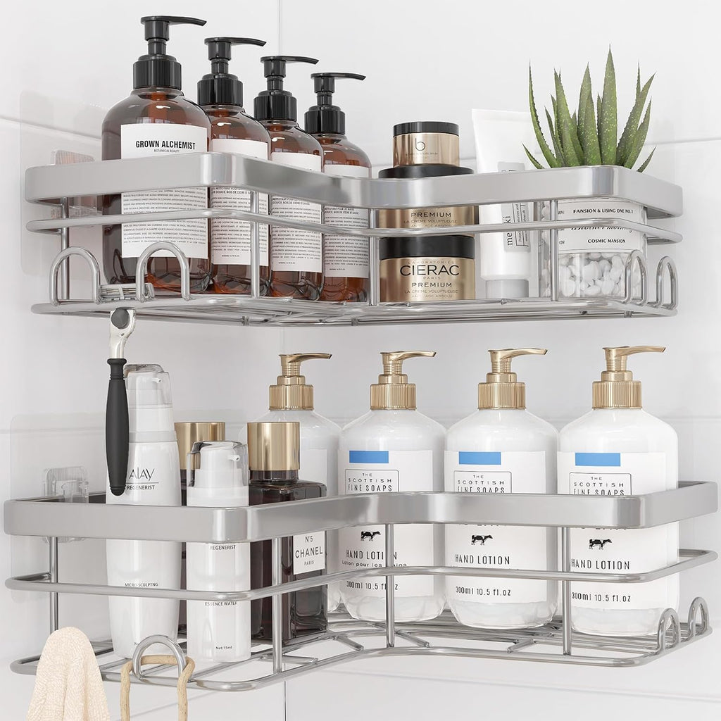 Sakugi Corner Shower Caddy - Rustproof Stainless Steel Organizers with 8 Hooks | No-Drill, Space-Saving, Silver, 2 Pack