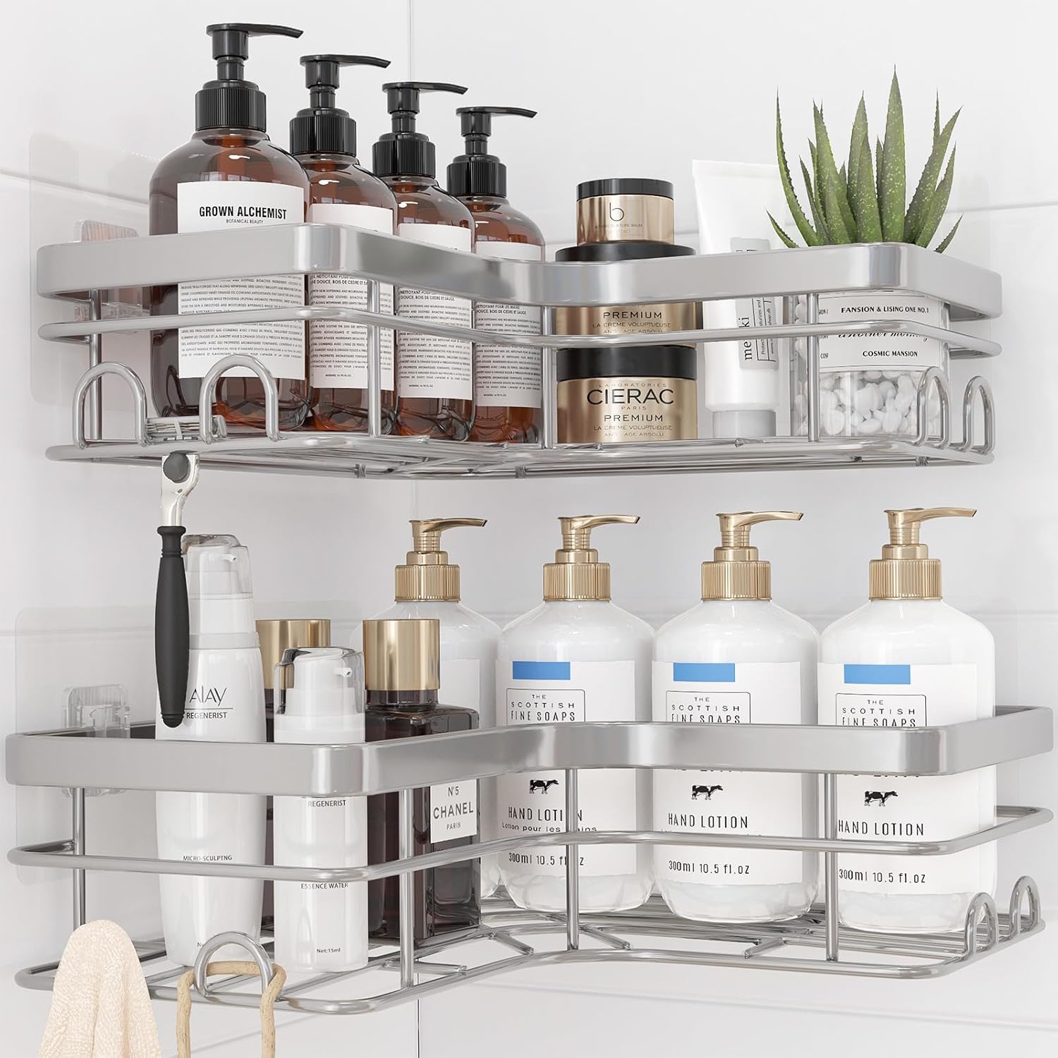 Sakugi Corner Shower Caddy - Rustproof Stainless Steel Organizers with 8 Hooks | No-Drill, Space-Saving, Silver, 2 Pack