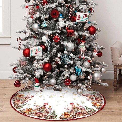 Christmas Tree Skirt 36Inches Christmas Gingerbread Sweet Candy Lollipop Xmas Tree Skirt Mat for New Year Holiday Christmas Party Red Gold Decorations (Red, 36in)
