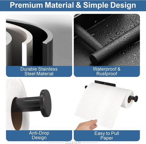 CUXIXA Under Cabinet Paper Towel Holder - 2 Pack Wall Mount with Self-Adhesive & Screws | Stainless Steel, Black