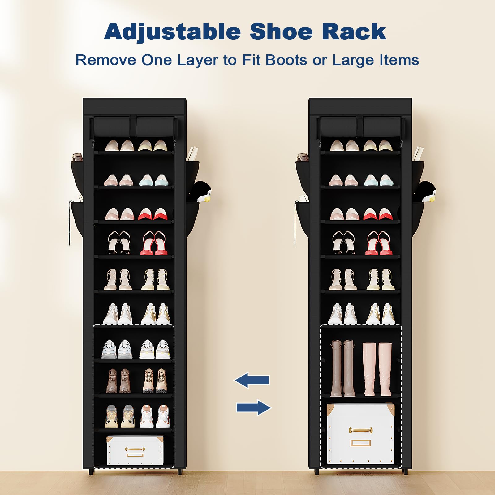 Mavivegue Shoe Rack with Cover, 10 Tier Tall Shoe Organizer for 18-22 Pairs of Shoes, Shoe Organizer with 4 Side Pockets, Shoe Cabinet for Entryway, Closet