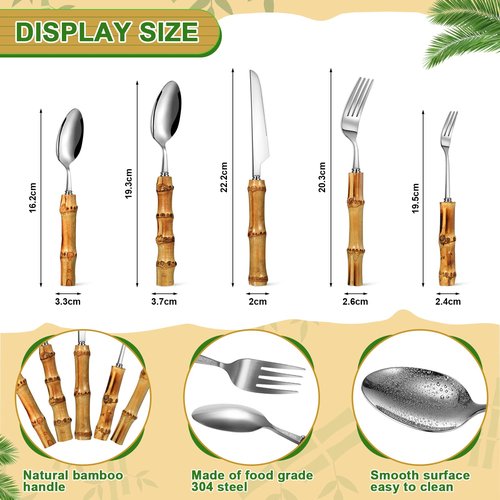 Eboot Bamboo Silverware Set 18/8 Stainless Steel Tableware Set Natural Utensil Flatware Kit Spoon Fork Knives Bamboo Handle Cutlery for Kitchen Wedding Home Restaurant Party(Silver,30 Pieces)