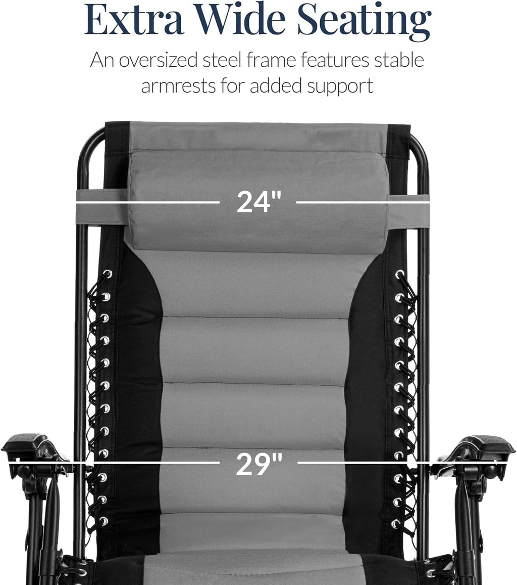 Best Choice Products Oversized Padded Zero Gravity Chair - XL Outdoor Recliner with Headrest & Cup Holder | Gray