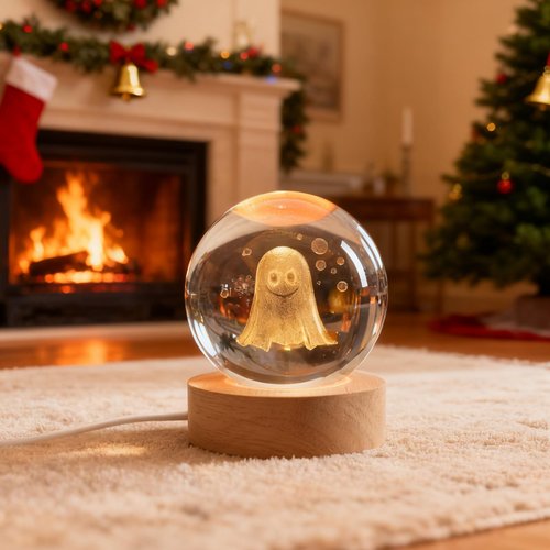 YummyCarrot 3D K9 Ghost Crystal Ball Night Light,2.36inch Smiling Spooky Ghost Crystal Lamp with Wooden Base for Birthday Gift, Birthday Lamp, Birthday Decor