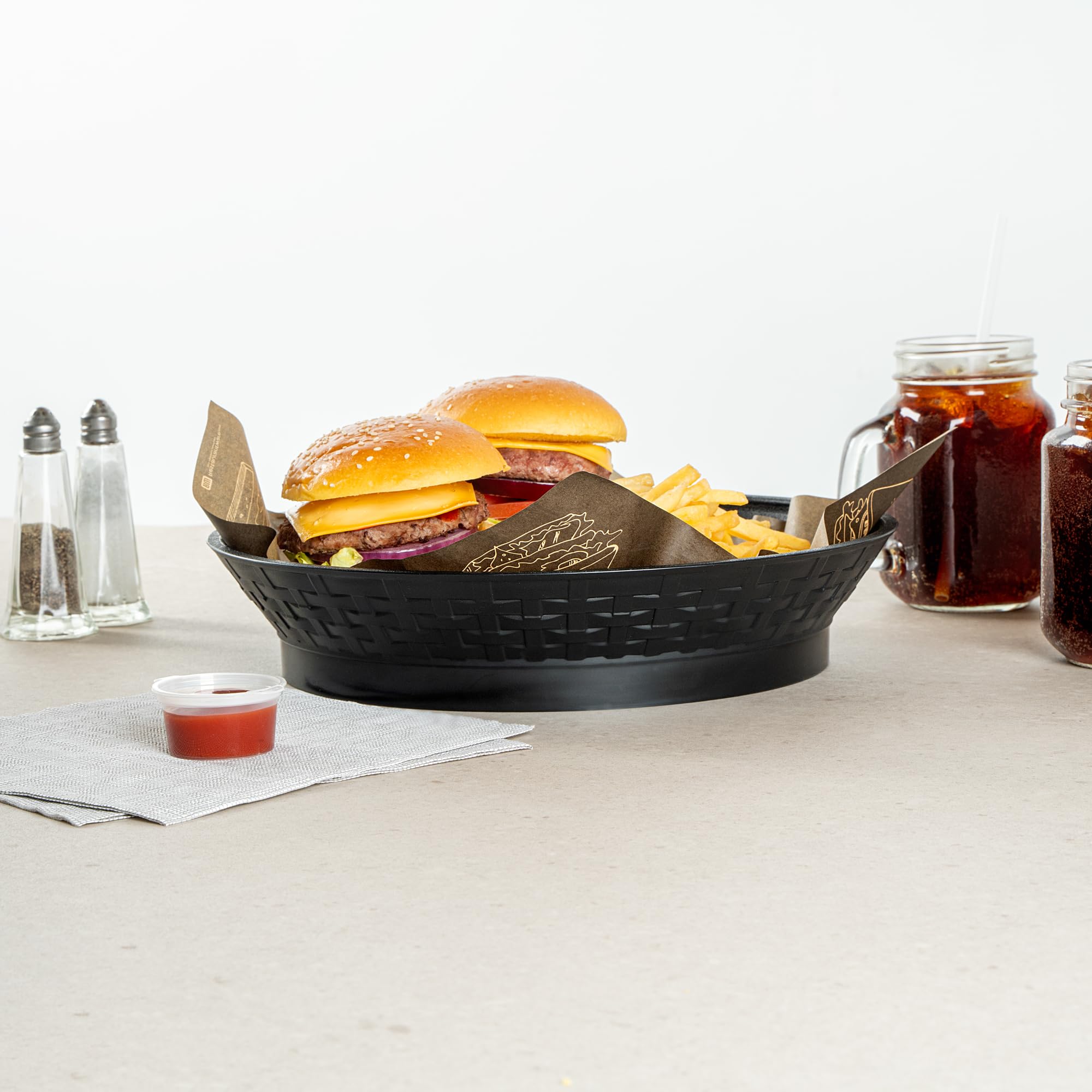 Restaurantware Round Serving Baskets 10 Pack of 12.01 x 2.36 Inch with Base Drainage Slots Microwavable Dishwashable Stackable Plastic Black Food Serving Trays for Restaurants and Catering