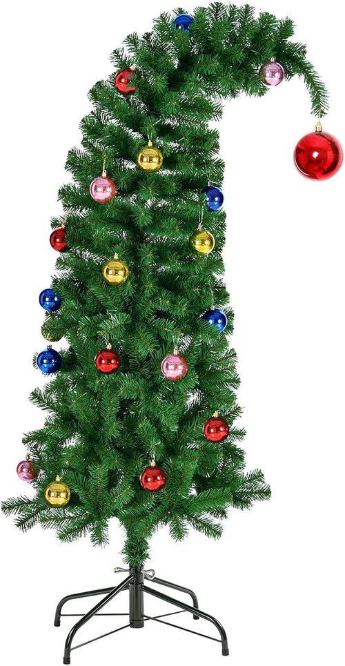 Hatisan 6FT Artificial Christmas Tree - Bent Green Design with Ball Ornaments & Metal Base | Holiday Decor