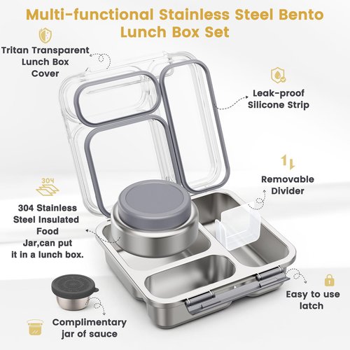 Stainless Steel Bento Box Kids Adult with 7oz Soup Thermo, Transparent Lid 3 Compartments Metal Bento Lunch Box with Insulated Food Jar,Lunch Box Container Sauce Cup for School,BPA-Free(Grey)