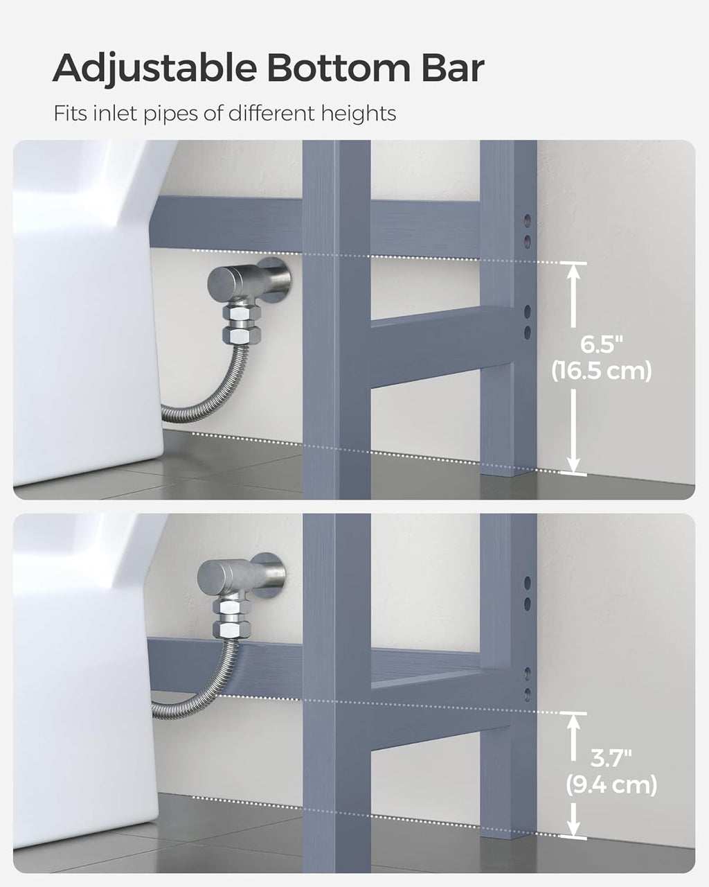 SONGMICS Over The Toilet Bathroom Organizer - 3-Tier Adjustable Shelf, Space-Saving Design, Gray, 10.2 x 24.8 x 66.9 Inches