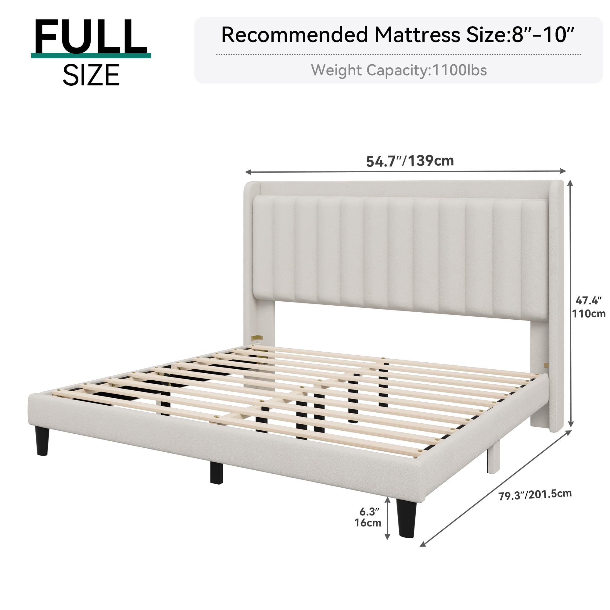 YITAHOME Full Bed Frame with Adjustable Vertical Channel Wingback Headboard, Upholstered Platform Bed with LED Lights, Solid Wood Slat Support, No Box Spring Needed,Beige