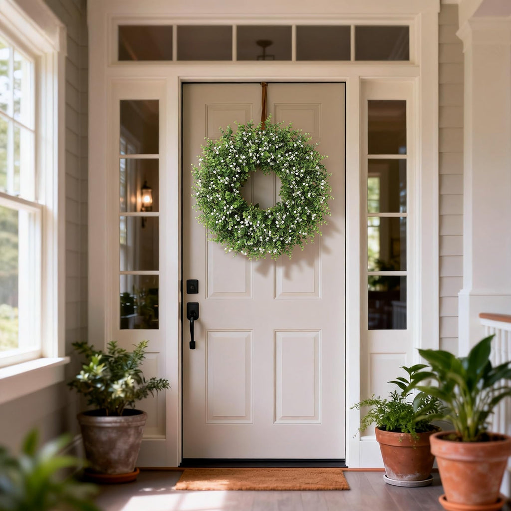 26" Artificial Eucalyptus Wreath with Baby's Breath for Front Door - Faux Eucalyptus Leaves, Fake Spring/Summer Greenery Flowers Wreath for Porch, Farmhouse, Wall, Window Outdoor Decor(White-Green)