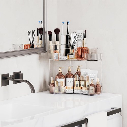 Asayuee 2-Tier Corner Bathroom Organizer - Large Makeup & Skincare Storage | Clear Design
