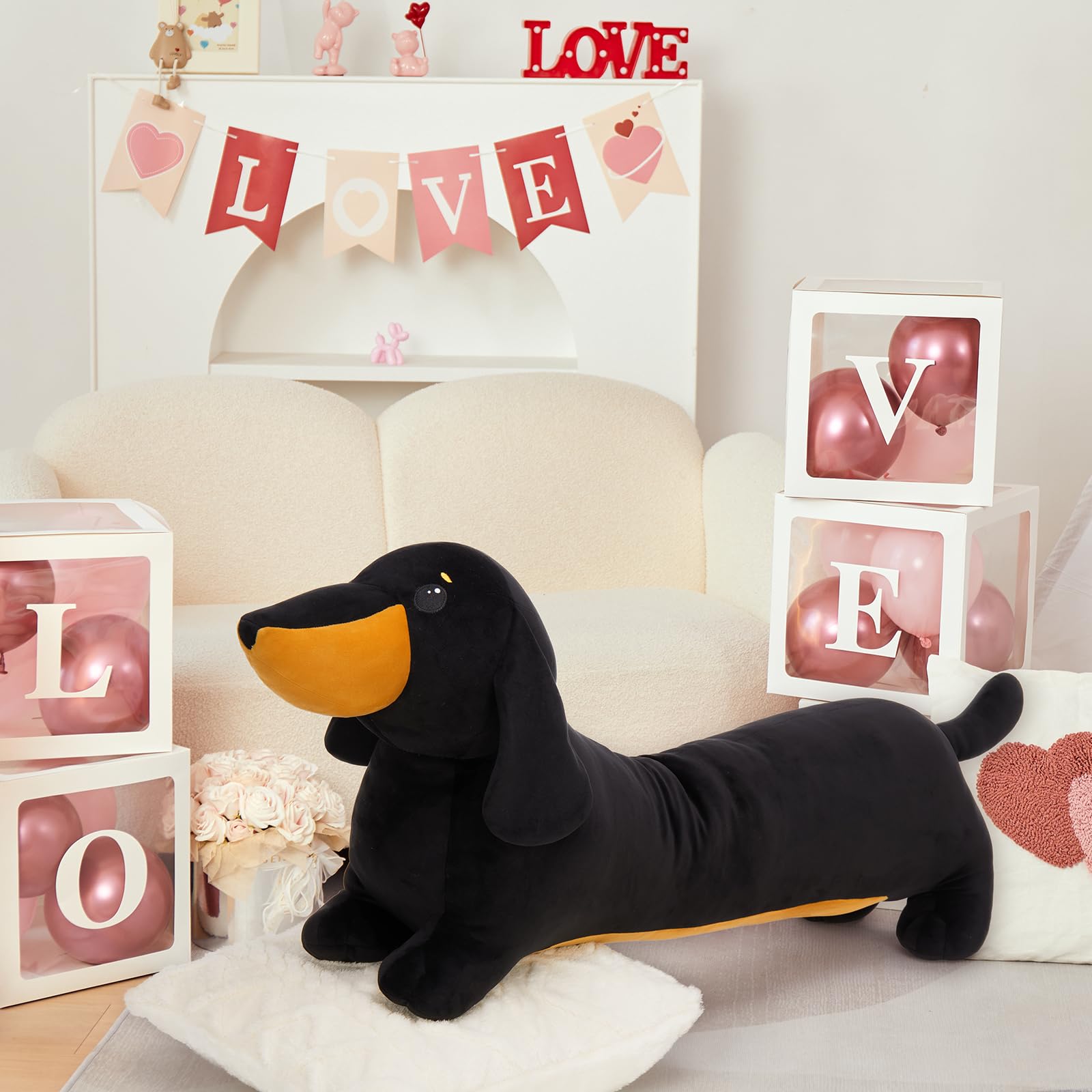 MorisMos Dachshund Stuffed Animal Plush 4ft, 43'' Long Weiner Dog Body Pillow for Kids Adults, Lifelike Weiner Dog Toy Designed in NYC, Realistic Black Dachshund Gift for Girl Boy Toddler Women