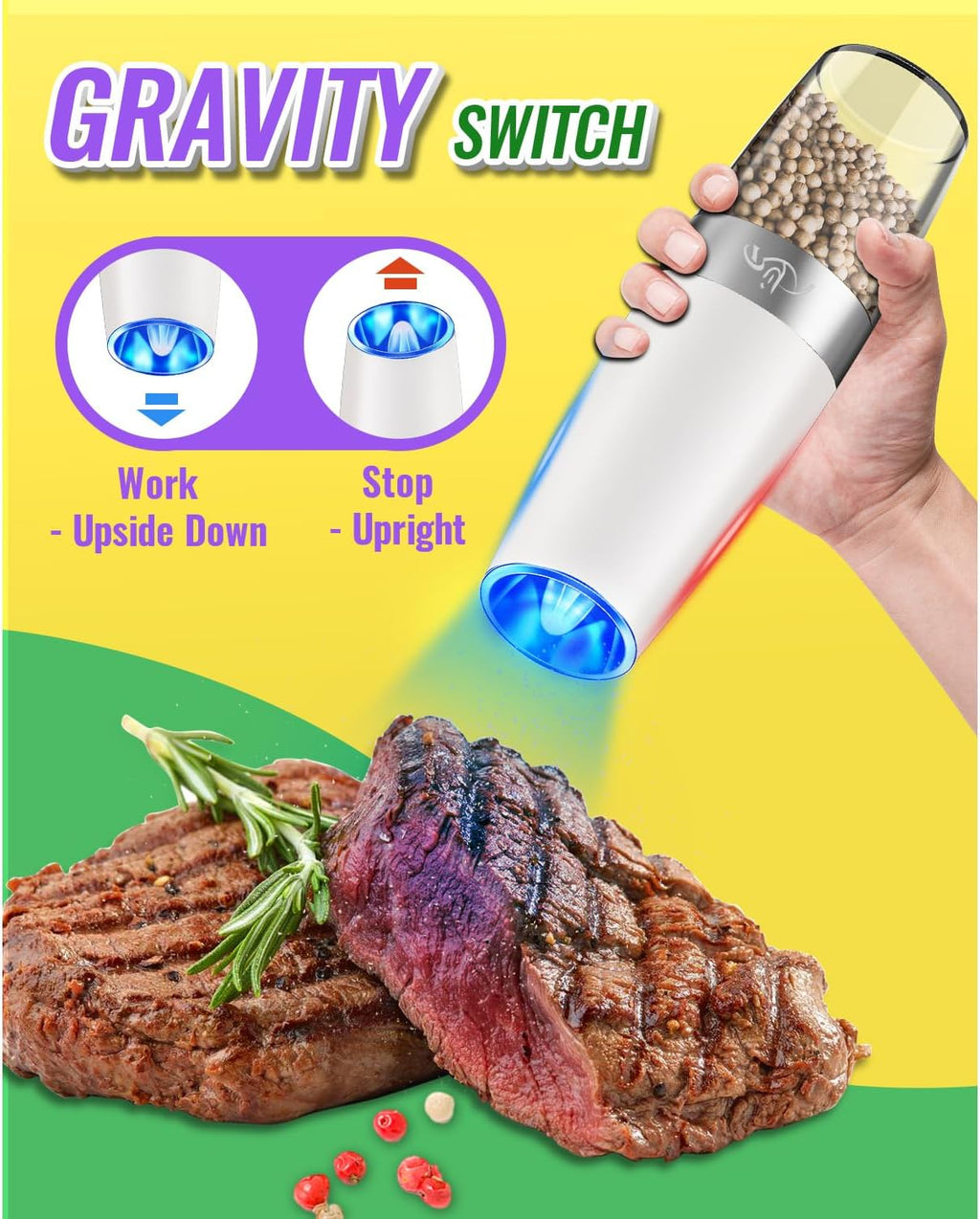 Rongyuxuan Electric Pepper Grinder Mill Set - Battery Powered, Stainless Steel, One-Hand Use, Adjustable Coarseness, Snow White