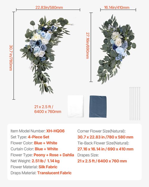 VEVOR Artificial Wedding Arch Flowers Kit, Blue Wedding Arch Flowers with Drapes Kit -2 Pcs Floral Arrangement, 2 Pcs Sheer Drapes, for Ceremony Bouquets Reception Backdrop Decoration（No Include Wood
