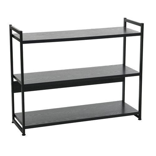 Household Essentials Jamestown Wide 3 Shelf Open Storage Bookshelf Black Oak Wood Grain and Black Metal