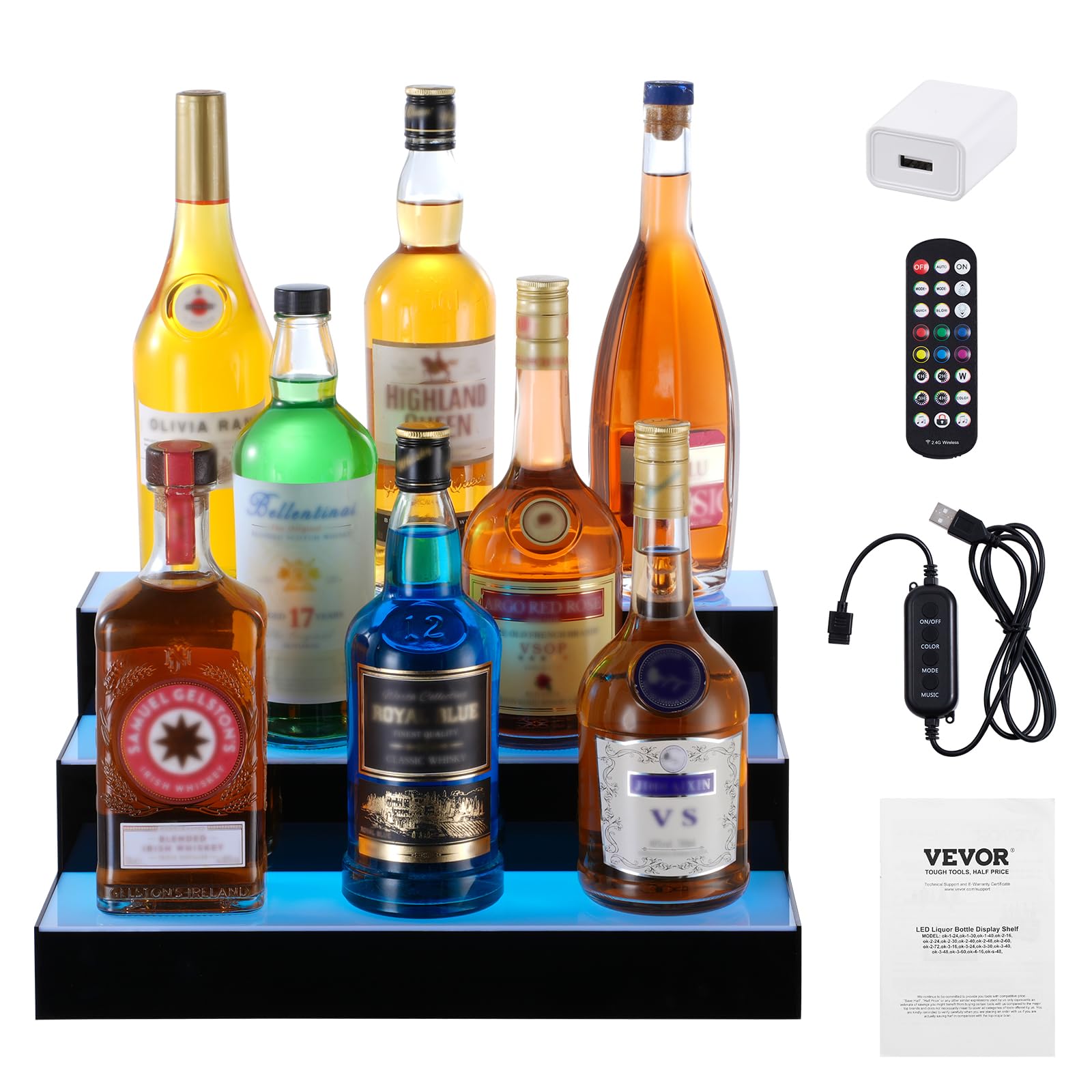VEVOR LED Lighted Liquor Bottle Display, 3 Tiers 16 Inch Commercial Illuminated Home Bar Shelf, 3 Steps Whiskey Rack Stand, Acrylic Drink Shelves with RF Remote & App Control, and Multicolor Light