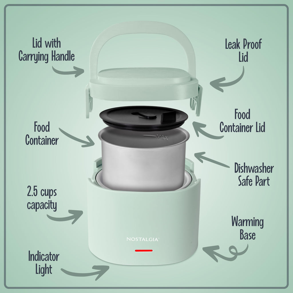 Nostalgia Portable Heated Lunch Box – 2.5-Cup Stainless Steel Food Warmer – Detachable Cord, Leak-Proof Lid, Carry Handle – Portable for Work & Travel – Sage