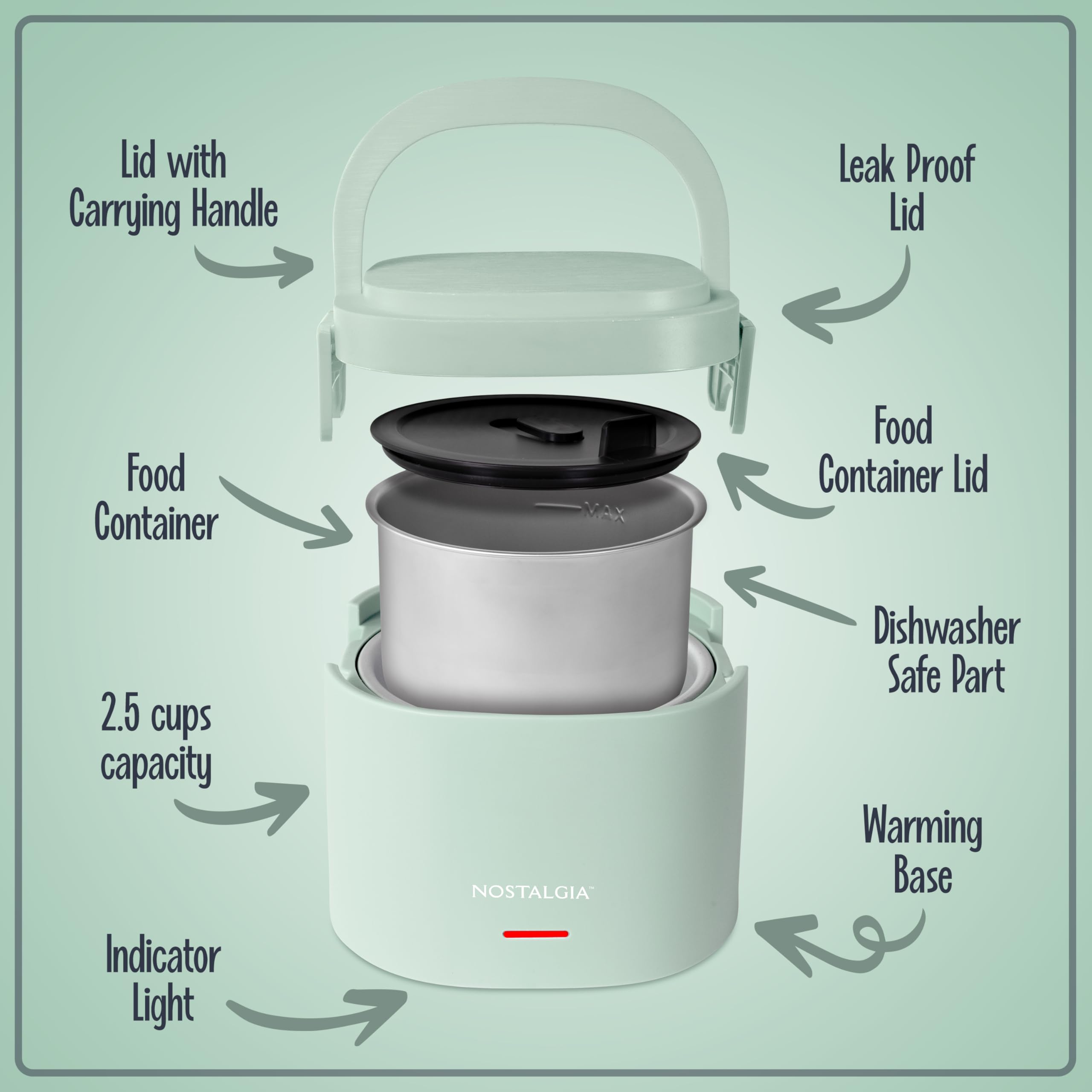 Nostalgia Portable Heated Lunch Box – 2.5-Cup Stainless Steel Food Warmer – Detachable Cord, Leak-Proof Lid, Carry Handle – Portable for Work & Travel – Sage