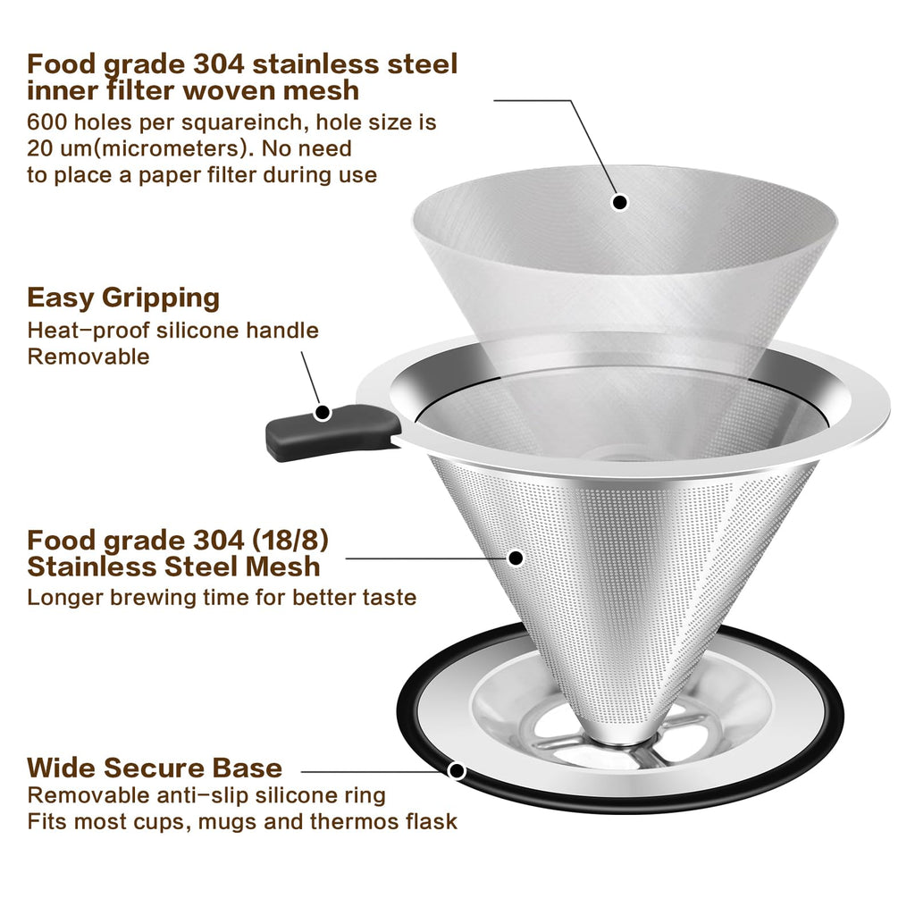 Pour Over Coffee Dripper, Stainless Steel Coffee Filter, Paperless Reusable Coffee Filter, Double Micromesh 600 Mesh Strainer Coffee Maker with Heat-Resistant Silicone Handle & Base
