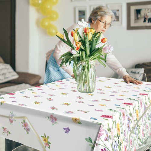 3-Piece 54 x 108 Inch Floral Spring Plastic Tablecloth - Colorful Disposable Rectangle Table Cover with Butterfly and Flower Design for Dining, Garden Parties, Baby Showers, and Outdoor Decorations