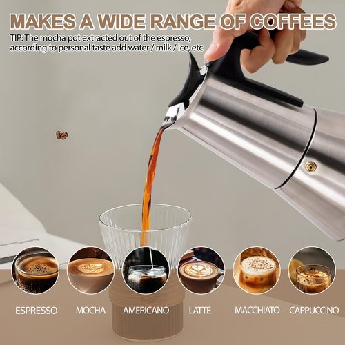 Stainless Steel Electric Moka Pot 6 Cup 300ml Express Coffee Maker Stovetop Espresso Portable Coffeemaker Italian Classic Brewing Greca Cafe Mocha with Removable Base and Overheating Protection 10oz