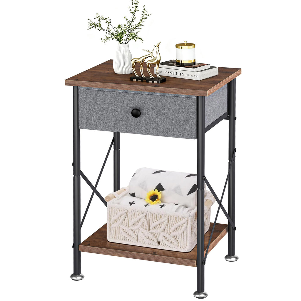 VECELO End Tables, Modern Nightstands with Drawer & Open Shelf, Side Table for Bedroom Living Room, Industrial Metal Frame, Easy Assembly, Rustic Brown,1 Pack