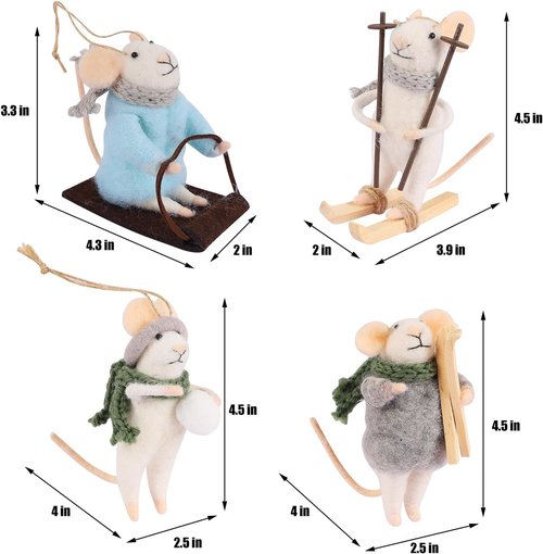 Juegoal Felt Skiing Mice Ornaments - Set of 4 Cute Winter Decor for Christmas Tree & Wreath