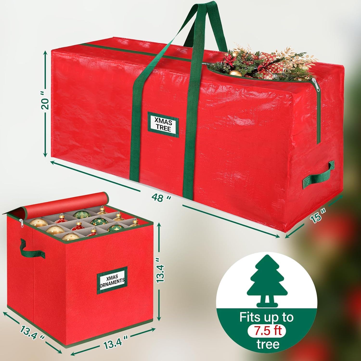 StorageRight Christmas Tree Bag & Ornament Storage Box Set - Water-Resistant 7.5 Ft Tree Storage & 64-Compartment Organizer in Red