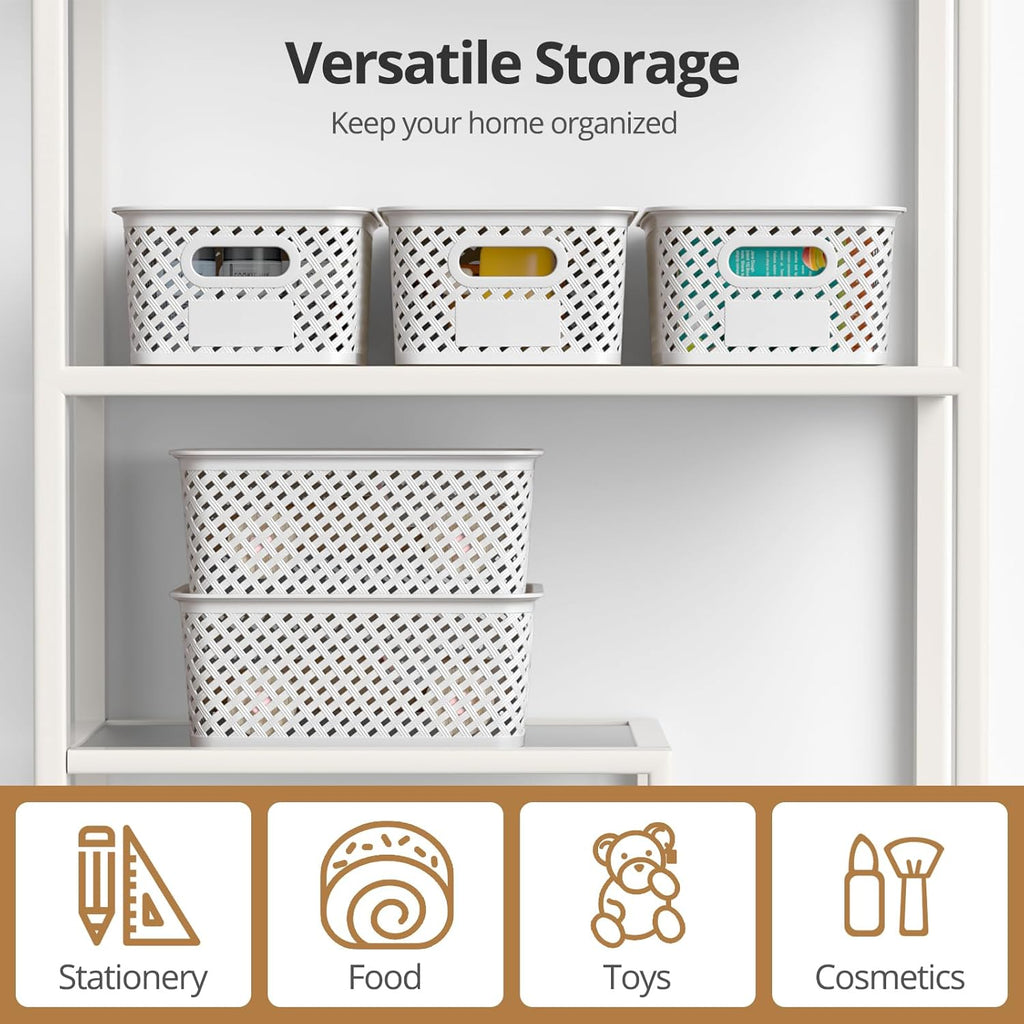 Plastic Storage Bins - Stackable Organizing Baskets with Lids | 8-Pack, 10.2x7.2x4.1 Inches, White
